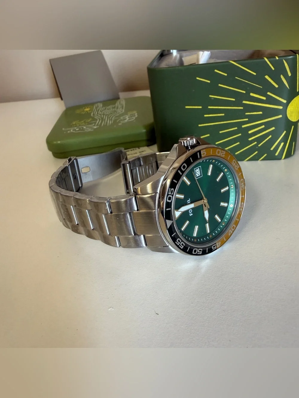 Fossil Men's Green Dial Stainless Steel Bracelet Watch with Yellow Accent BQ2506